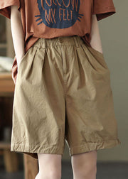 Khaki Pockets Solid Cotton Overalls Shorts Elastic Waist Summer