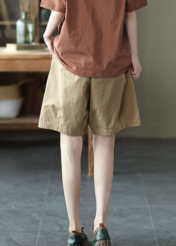 Khaki Taschen Feste Baumwolle Overalls Shorts Elastische Taille Sommer