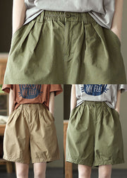 Khaki Taschen Feste Baumwolle Overalls Shorts Elastische Taille Sommer