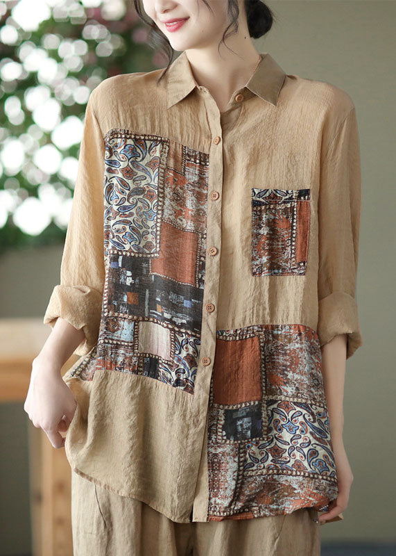 Khaki Print Linen Shirts Peter Pan Collar Button Long Sleeve