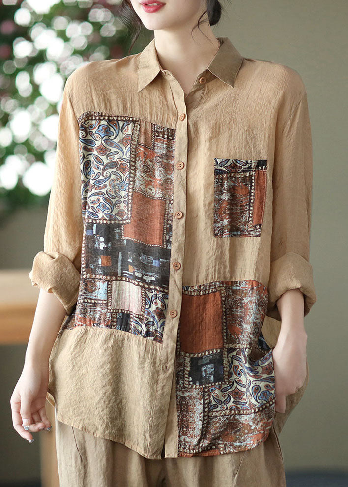 Khaki Print Linen Shirts Peter Pan Collar Button Long Sleeve