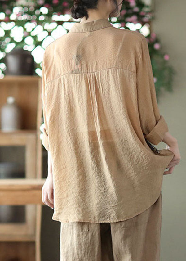 Khaki Print Linen Shirts Peter Pan Collar Button Long Sleeve