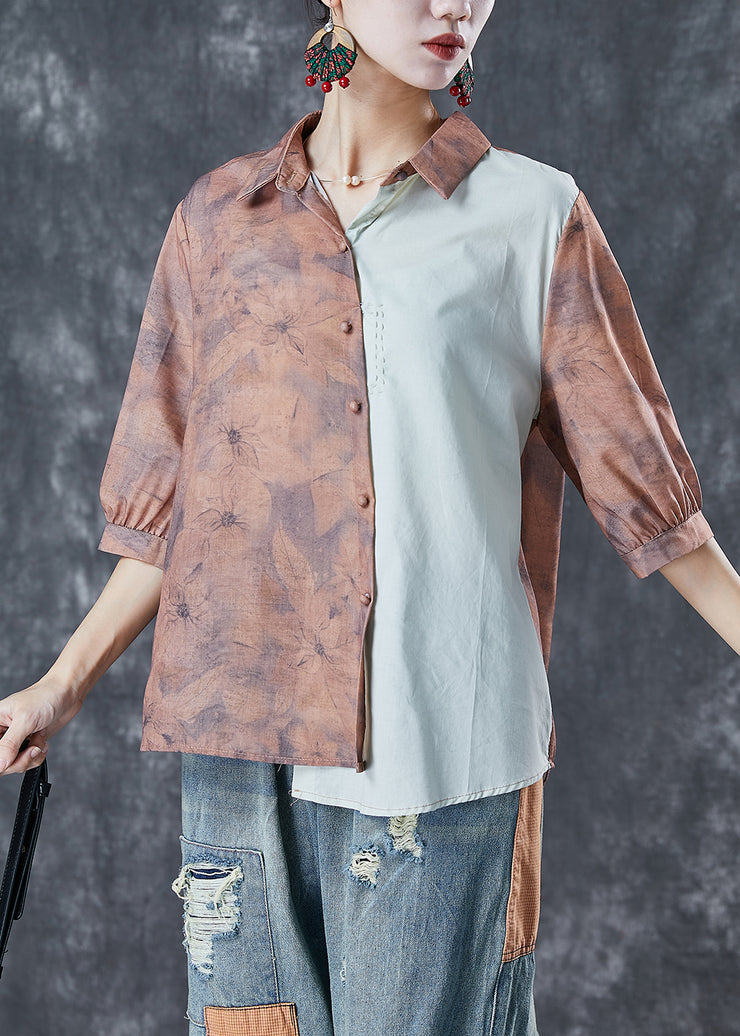 Khaki Print Patchwork Linen Shirt Top Asymmetrical Half Sleeve