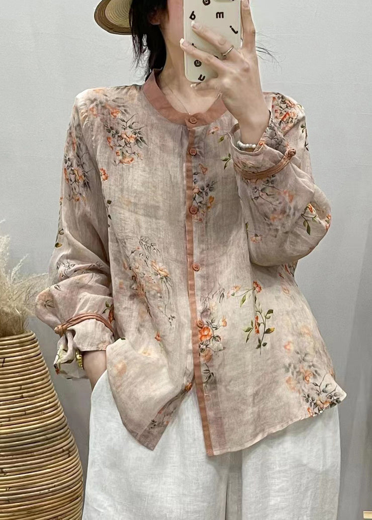 Khaki Print Patchwork Linen Shirts Top Button Long Sleeve