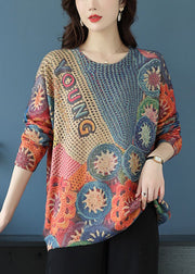 Khaki Print Patchwork Wool Knit Top O Neck Long Sleeve