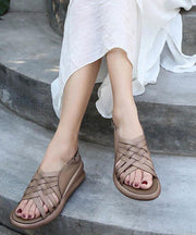 Khaki Sandals Wedge Cowhide Leather Plus Size Sandals - bagstylebliss