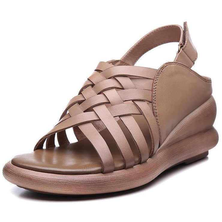 Khaki Sandals Wedge Cowhide Leather Plus Size Sandals - bagstylebliss