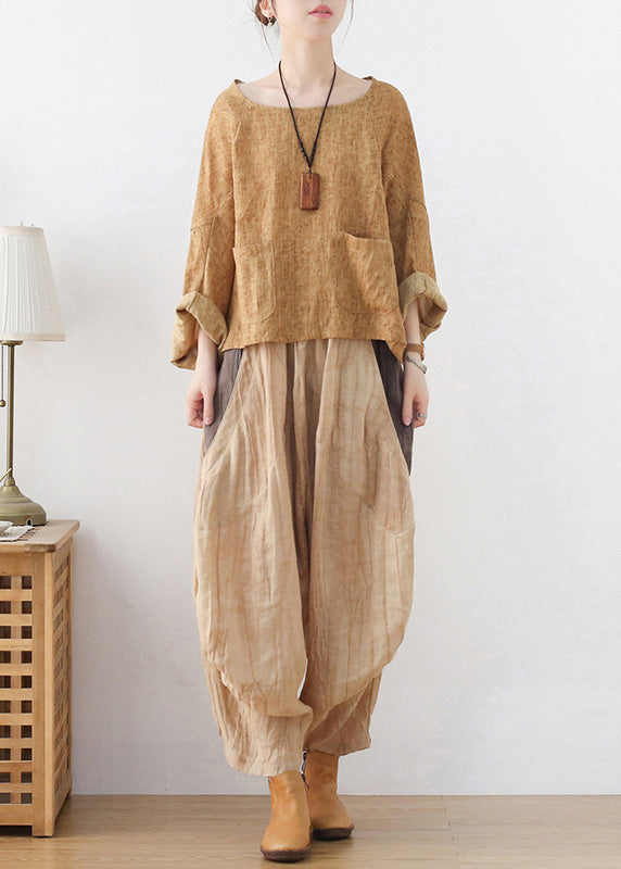 Khaki Solid Linen Loose Pullover Sweatshirt Batwing Sleeve