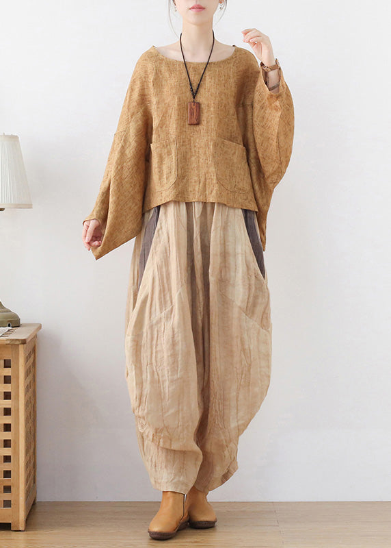 Khaki Solid Linen Loose Pullover Sweatshirt Batwing Sleeve