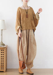 Khaki Solid Linen Loose Pullover Sweatshirt Batwing Sleeve