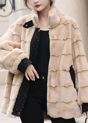 Khaki Stand Collar Zippered Mink Velvet Coat Winter