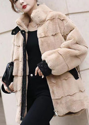 Khaki Stand Collar Zippered Mink Velvet Coat Winter