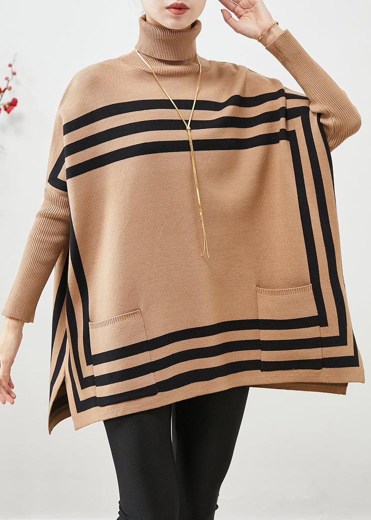 Khaki Striped Knit Top Oversized High Neck Batwing Sleeve