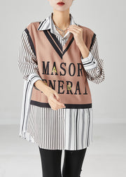 Khaki Striped Patchwork Cotton Shirt Top Letter Print Fall