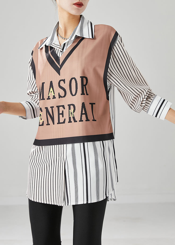 Khaki Striped Patchwork Cotton Shirt Top Letter Print Fall