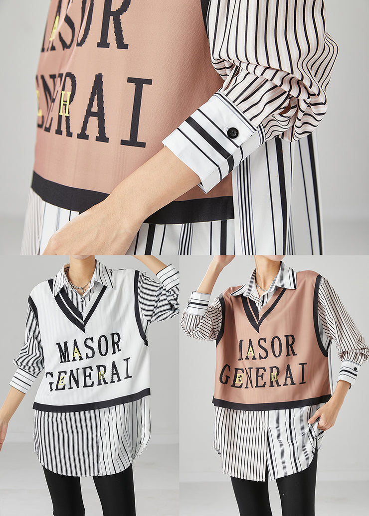 Khaki Striped Patchwork Cotton Shirt Top Letter Print Fall