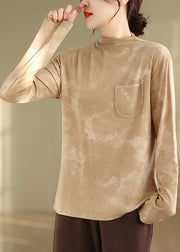 Khaki Tie Dye Cotton Top Turtleneck Long Sleeve