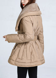 Khaki Tie Waist Duck Down Down Jacket Peter Pan Collar Winter