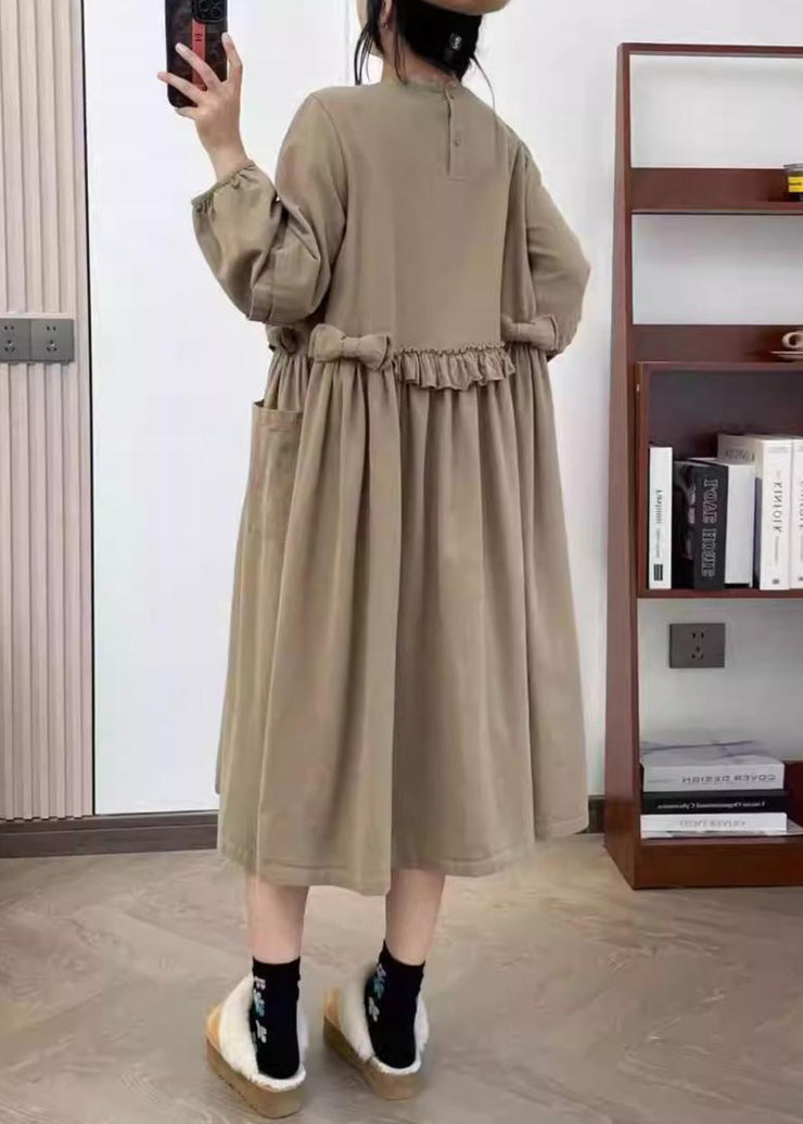 Khaki Wrinkled Cotton Long Dress O Neck Long Sleeve