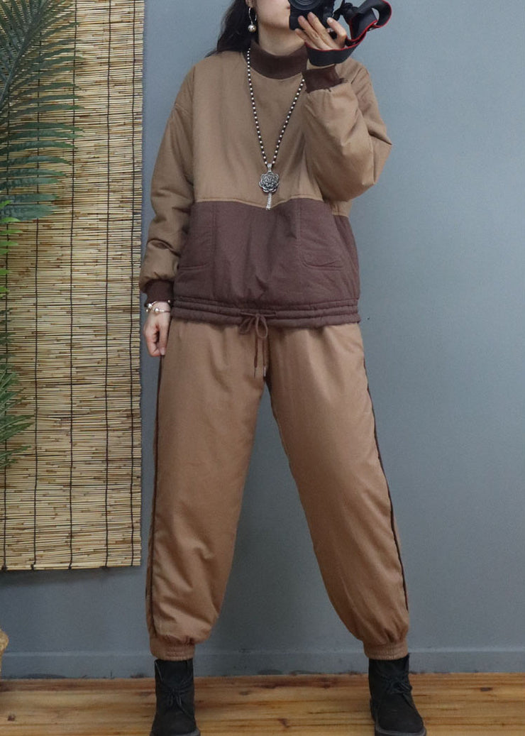 Khaki drawstring warm Fine Cotton Filled Two Pieces Set Winter