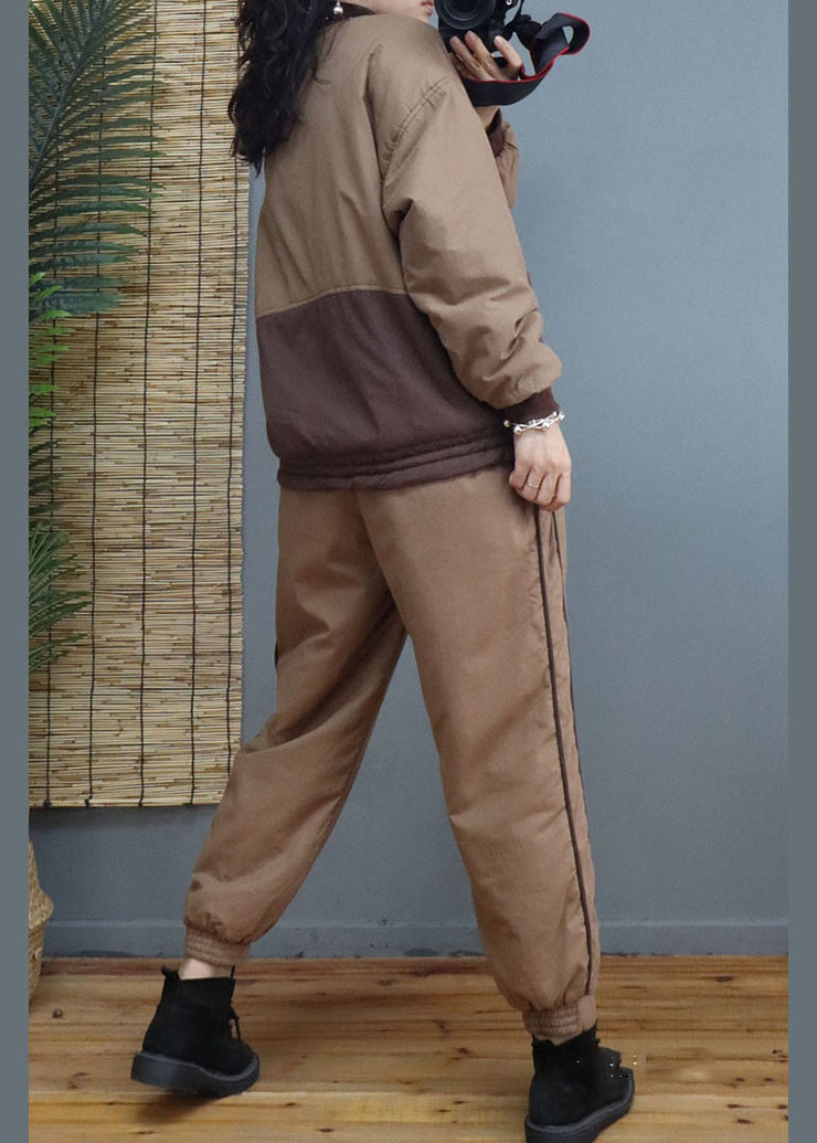 Khaki drawstring warm Fine Cotton Filled Two Pieces Set Winter