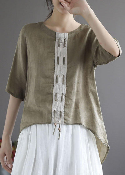 Khaki low high design Design Patchwork Summer Linen Shirt Tops - bagstylebliss