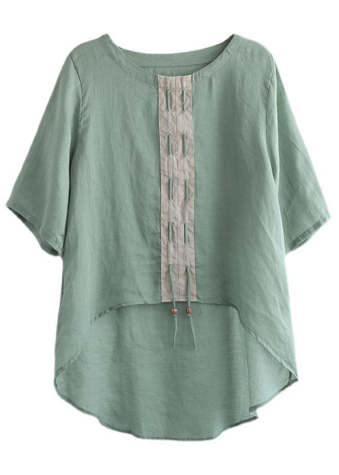 Khaki low high design Design Patchwork Summer Linen Shirt Tops - bagstylebliss