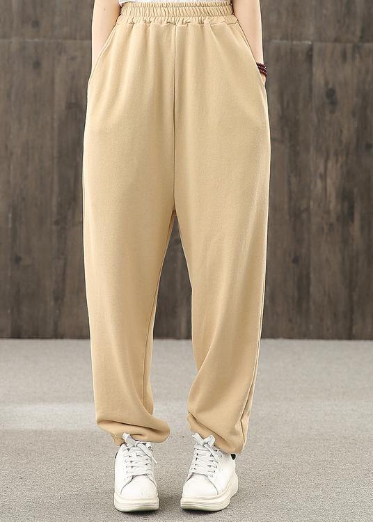 Khaki pockets decoration elastic waist casual pants loose harem pants - bagstylebliss