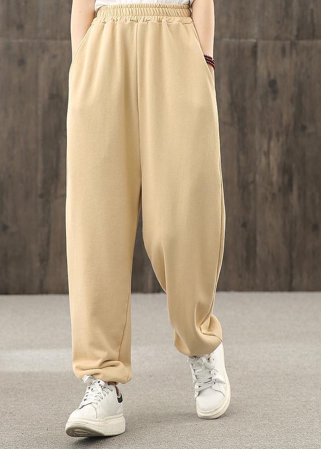 Khaki pockets decoration elastic waist casual pants loose harem pants - bagstylebliss