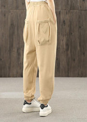 Khaki pockets decoration elastic waist casual pants loose harem pants - bagstylebliss