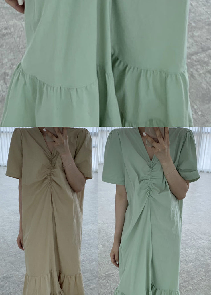 Khaki wrinkled Cotton Vacation Dresses Puff Sleeve