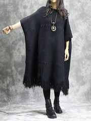 Knitted black Sweater dress outfit DIY o neck tassel Mujer sweater dress - bagstylebliss