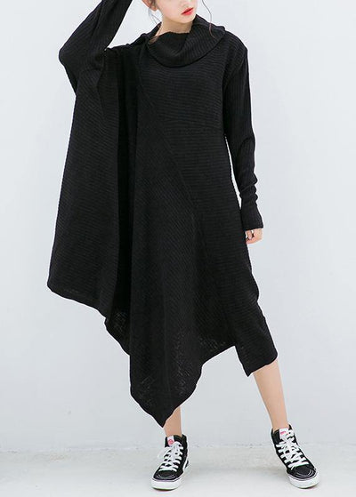 Knitted black Sweater dresses Design asymmetric Big high neck knitted tops - bagstylebliss