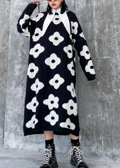 Knitted black print Sweater Aesthetic Women o neck baggy knit dress - bagstylebliss