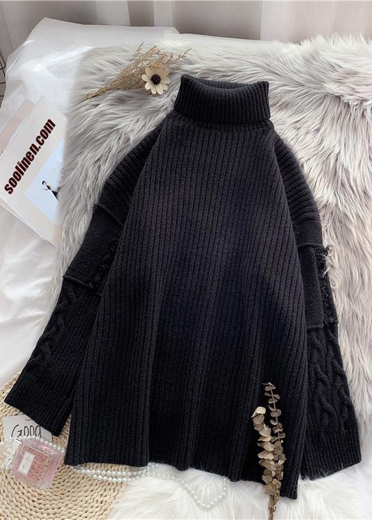 Knitted black wild Sweater outfits Design warm oversized high neck knit tops - bagstylebliss