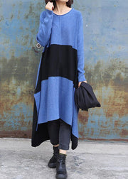 Knitted blue Sweater dress outfit DIY side open baggy low high design knit dress - bagstylebliss