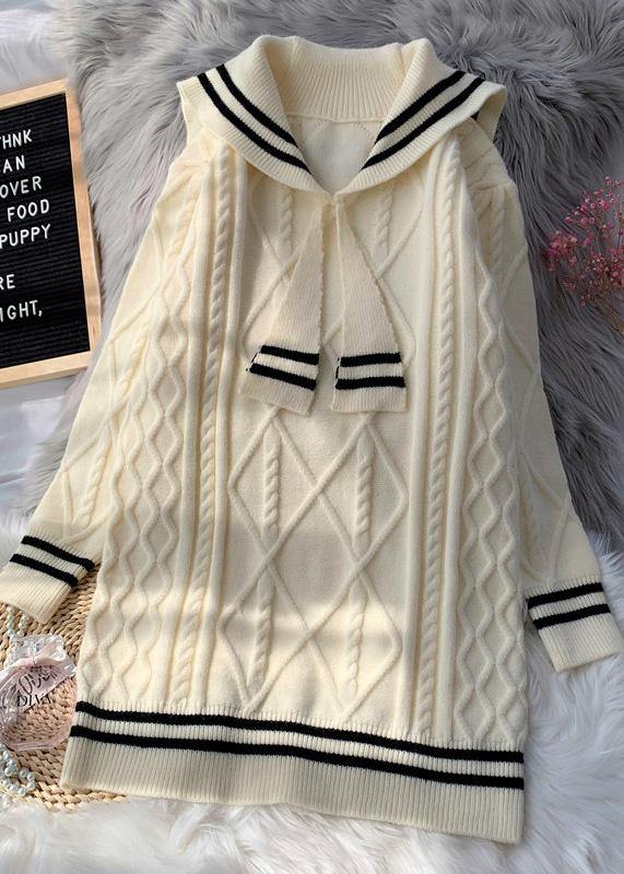 Knitted high neck patchwork Sweater fall dresses plus size beige daily sweater dresses - bagstylebliss