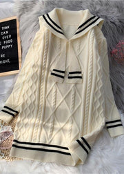 Knitted high neck patchwork Sweater fall dresses plus size beige daily sweater dresses - bagstylebliss