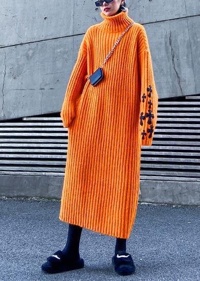 Knitted orange Sweater weather Street Style Appliques Tejidos high neck sweater dresses - bagstylebliss