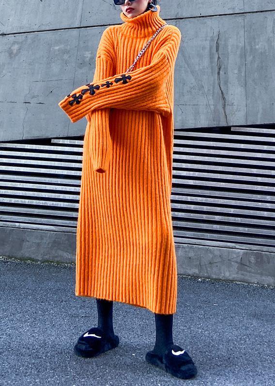 Knitted orange Sweater weather Street Style Appliques Tejidos high neck sweater dresses - bagstylebliss