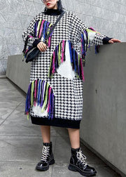 Knitted plaid Sweater dresses Design tassel oversized high neck sweater dresses - bagstylebliss