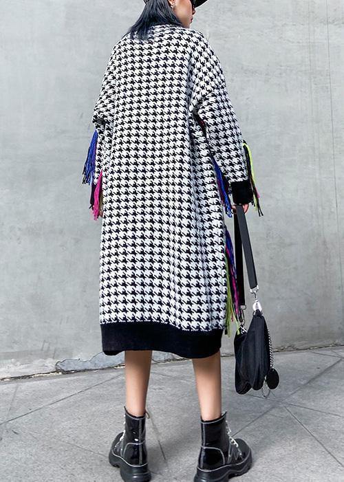 Knitted plaid Sweater dresses Design tassel oversized high neck sweater dresses - bagstylebliss