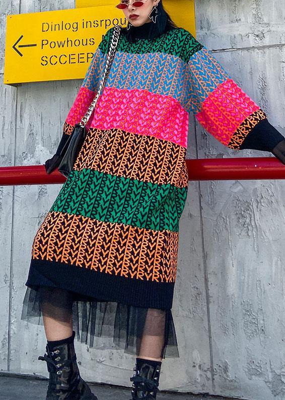 Knitted rainbow Sweater dress outfit Beautiful o neck spring sweater dress - bagstylebliss