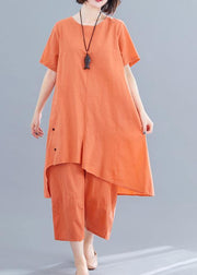 Korean version of the loose large size orange women's irregular tops + pants casual cotton and linen - bagstylebliss