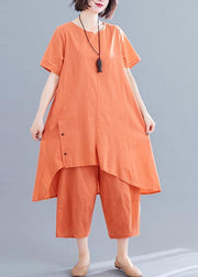 Korean version of the loose large size orange women's irregular tops + pants casual cotton and linen - bagstylebliss