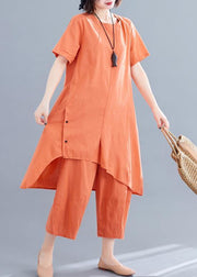 Korean version of the loose large size orange women's irregular tops + pants casual cotton and linen - bagstylebliss