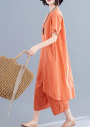 Korean version of the loose large size orange women's irregular tops + pants casual cotton and linen - bagstylebliss