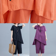 Korean version of the loose large size orange women's irregular tops + pants casual cotton and linen - bagstylebliss