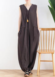Korean version of the thin wide-leg jumpsuit female summer cotton and linen loose fashion chocolate nine points jumpsuit - bagstylebliss