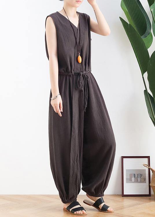 Korean version of the thin wide-leg jumpsuit female summer cotton and linen loose fashion chocolate nine points jumpsuit - bagstylebliss